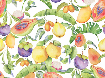 Watercolor pattern with colorfull tropical elements