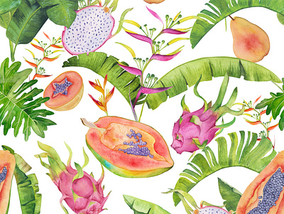 Juisy & colorful tropical fruits pattern design hand drawn illustration pattern tropical watercolor