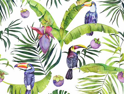 Watercolor toucans pattern, colorful and bright branding design fabric pattern hand drawn illustration painted pattern surface design tropical watercolor