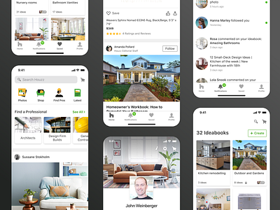 Houzz - mobile app navigation redesign app app design borads carousel feed home screen icons interaction design ios app mobile navigation navigation bar notifications product design profile saved ui ux ux ui