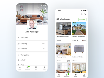 Houzz - mobile apps navigation redesign boards cards cart cover image create new houzz icons ios app iphone list mobile navbar product design profile search settings tabs ui ux ux ui