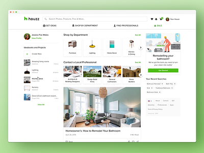 Houzz -Web Homepage banner card cards ui carousel feed home page home screen homepage houzz hover hover state pills product design profile rails ui ux ux ui web website