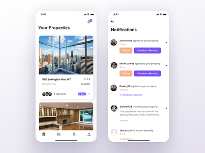 Real Estate App cards cards ui home home screen homepage interaction design ios iphone mobile native app notifications product design properties rating real estate realestate tab bar ui unread ux