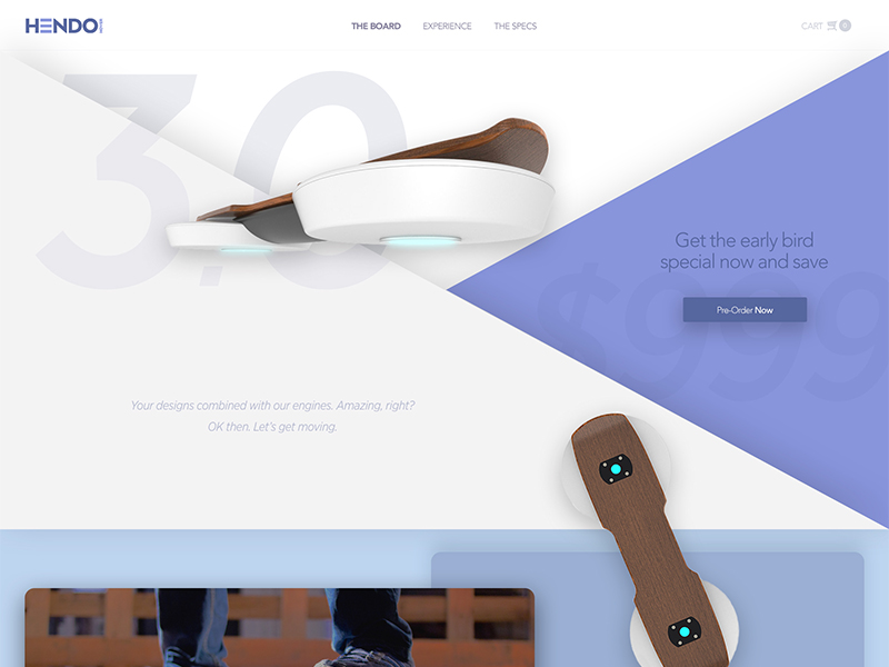 Hendo Landing Page board clean daily float hendo hover hoverboard simple ui