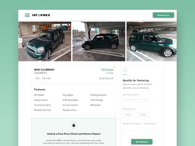 Drive Informed Car Listing cars detail page features financing green listing page lock product detail page qualify ui unlock web design