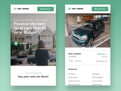 Mobile View approval cars features financing green hero home page instant landing page qualify ui web design