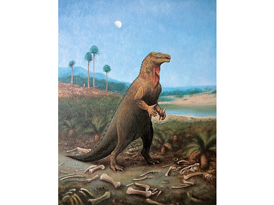 Iguanodon bernissartensis animal dino dinosaur extinct iguanodon jurassic oil on canvas oil painting paleoart paleontology prehistoric reconstruction reptile