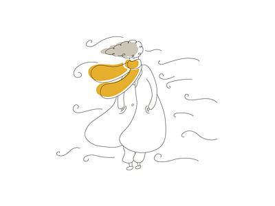 Winter - 02 - very strong winds bright color cute design drawing girl girl character illustration malta mediteranian sea sun vector wind winter yellow