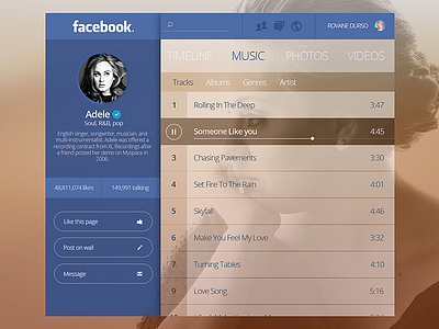 Facebook Artist Page Concept adele app concept facebook google music player redesign social twitter ui ux