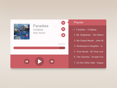 Audio Player audio player bluroon clean coldplay flat gray interface list music music player play playlist red simple soft square ui ux
