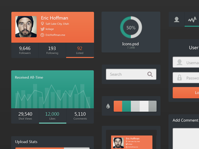 Dark UI Kit clean color colours comment dark dark ui dark ui kit download dribbble drop eric hoffman flat graph interface kit like login minimal search shot shots stats twitter ui ui kit upload user ux view web design