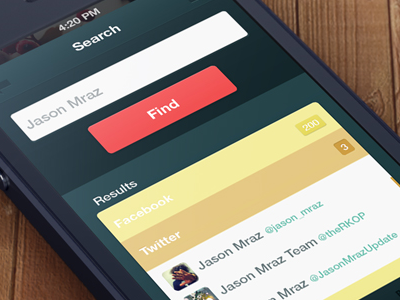 Search Engine UI brown color dark detail facebook find flat ios iphone minimal mobile mobile app music red search social twitter ui ui kit ux yellow