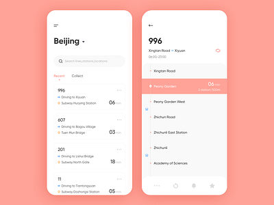 Bus inquiry app bus list pink red timeline ui