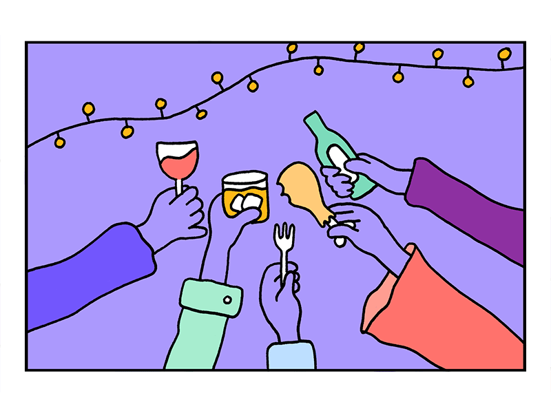 Friendsgiving celebrate cheers comic drawing drinks friends friendsgiving hands illustration lights splash thanksgiving