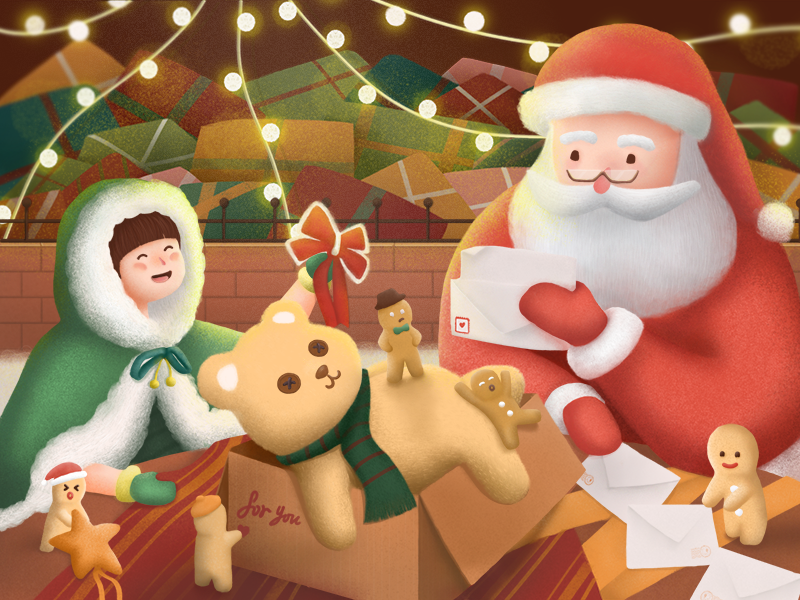 Christmas bear christmas elf gift box gingerbread man illustration invite present santa claus 圣诞 圣诞老人 姜饼人 熊 礼物