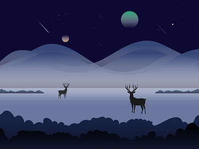 Fantasy Illustration creative design deer depth design flat design flat 3d illustration landscape night vector
