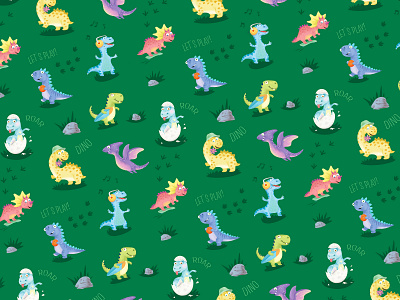 Little dinosaurs playing animal bright character childish cute design dino dinosaur graphic design green happy illustration kids pattern seamless pattern textile design