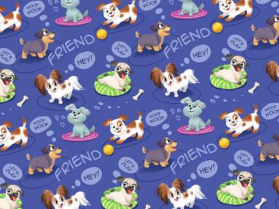 Cute dogs seamless pattern animal bright cartoon colorful cute design dog dog breeds friend graphic design illustration multicolor pattern play playing animals seamless pattern