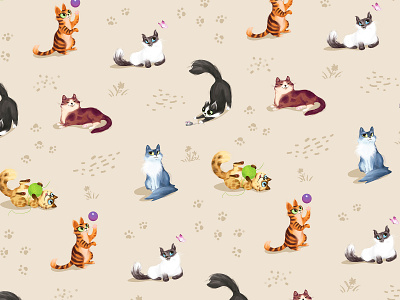 Playful cats animal bright cat cats cute design fluffy graphic design illustration play playing seamless pattern