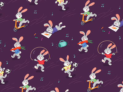Funny Bunnies animal bright bunny cute design draw drawing funny graphic design illustration pattern play rabbit seamless pattern textile design