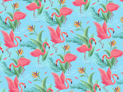 Pink flamingos in water and tropical flowers bird blue bright cartoon cute design flamingo flower graphic design illustration leaf pink pink flamingos seamless pattern water