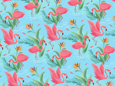 Pink flamingos in water and tropical flowers