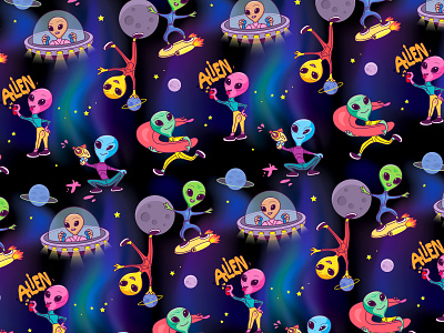 Aliens having fun alien aliens bright crazy dark fun graphic design happy having fun illustration planets play seamless pattern space