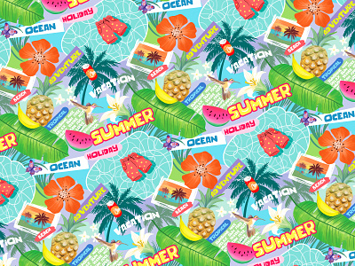 Summer vocation beach bright collage flower graphic design illustration ocean pattern sea seamless pattern summer summertime travel tropical vocation