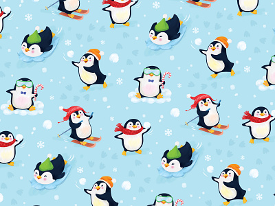 Penguins winter games animal bright cartoon cute fun funny graphic design happy illustration penguins scarf seamless pattern sleigh snow snowflake winter