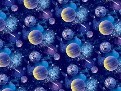 Outer space with planets and stars backdrop background blue bright design graphic design illustration outer space pattern planet planets seamless pattern space star