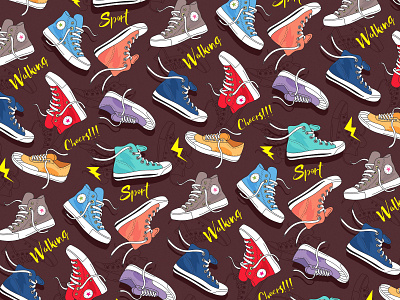Flying sneakers backdrop background bright brown cartoon design drawing fly graphic design illustration seamless pattern shoes sneakers walking