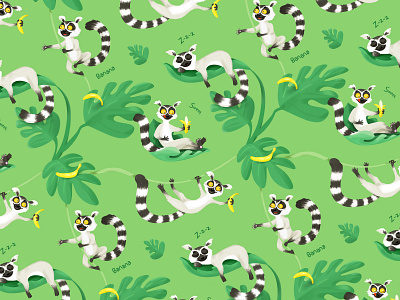 Lemurs sit on leaves and eat bananas