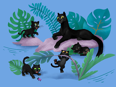 Mother panther with cubs animal black bright cartoon cute graphic design illustration leaf mother panther wild