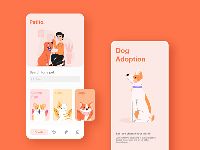 Petitio - Pet Adoption/Volunteer App animals app branding colors design dog illustration dribbble illustraion love mobile app mobile ui petlover pets product design ui ux volunteer