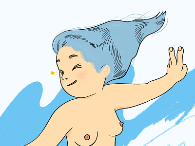 Naked Surfer girl anime bare bum naked silly stars surf wink