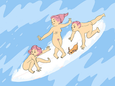 Surfing Nudists anime japanese naked nude nudists pink hair silly surf surfer water dog