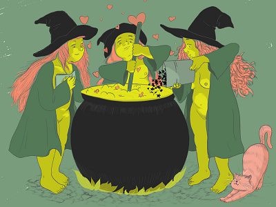 Witches' Love Brew cat creepy green halloween love potion pink hair witch witches