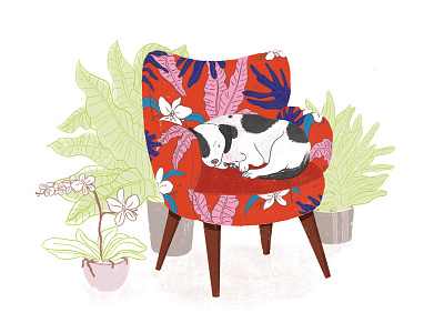 Sleeping Dog in Armchair – Light Version chair cozy dog floral foliage illustration interior nap outline pooch sleep