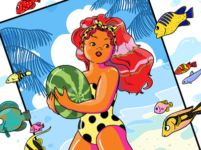 Watermelon Summer bathing suit beach girl ocean palm trees retro sand summer sunny tropical tropics watermelon