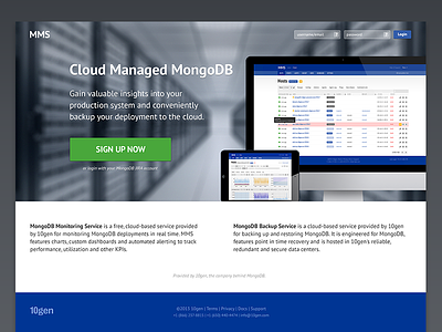 MMS Landing v2 database developer tools landing page login marketing mongodb monitoring signup splash page ui
