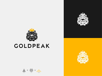 Goldpeak — Lion logo branding brutal crown gold lion lion head lion king lion logo lion mascot lion with crown logo logo design logotype mountain peak polygonal polygonal lion polygons sharp