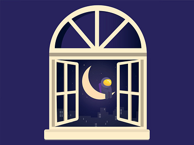 Dreamer art astronaut city design drawing illustration moon night planet purple vector window