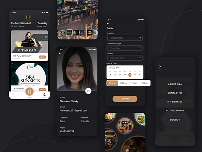 ORA Restaurant/ bar appointment booking concept dark theme dark ui design mobile ui restaurant ui