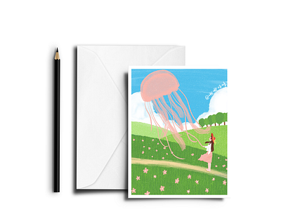 Kite flying girl illustration