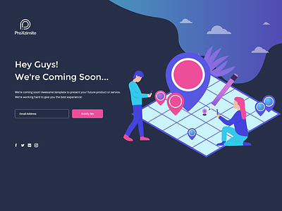 Coming soon landing page animation coming soon page design flat illustration landing page location map map pins nearby ui vector website