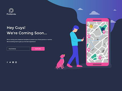 Coming soon landing page animation coming soon page design flat illustration landing page location map map pins nearby ui vector website