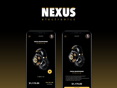 Nexus app amazing app best black clean clean ui design electronics gold headphones online store shopping simple