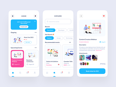 Online Events App Design Exploration app design flat illustration mobile mobile design mobile ui ui ux