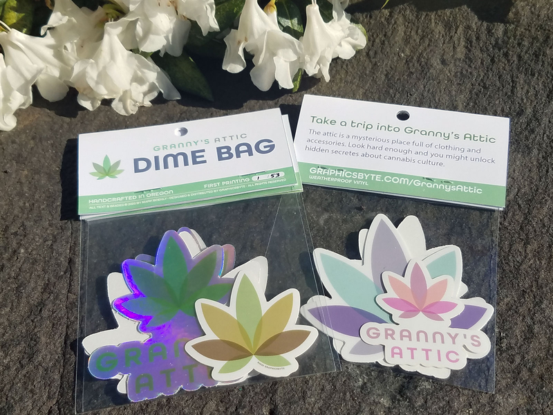 Granny's Attic Dime Bag Sticker Pack branding cannabis cannabis logo dime graphic design leaf logo logo logodesign marijuana marijuana logo organic shape logo stickermule stickers transparent vector