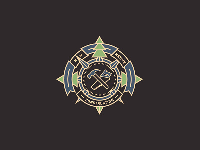 NW Native Construction Logo banner compass compass logo construction construction logo hammer icon line art line logo logo logo design nature outdoors pnw saw texture tools trees